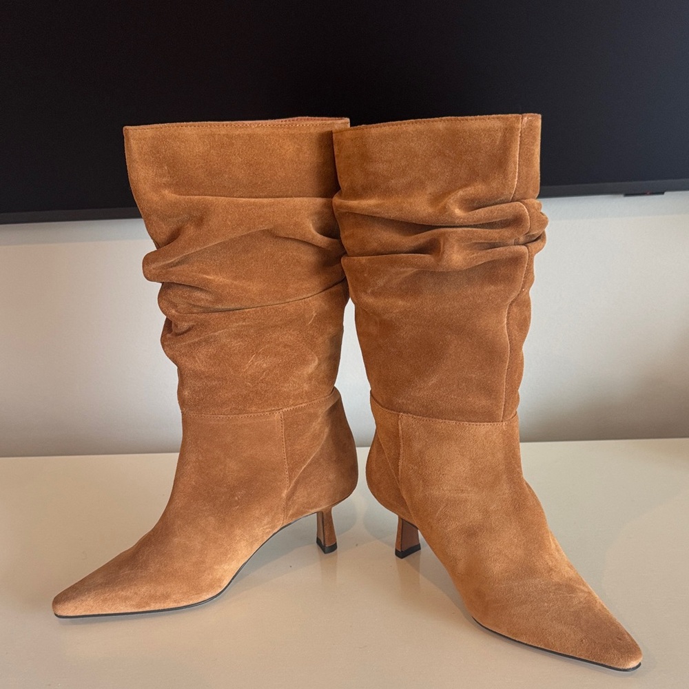 Slouchy Suede Mid-Calf Heeled Boots in Camel Brown - Picture 3 of 8